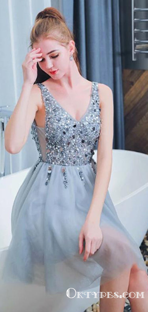 Bling A Line V Neck Light Blue Short Homecoming Dresses With Beading, TYP2030