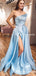 New Arrival Charming Sky Blue Satin Strapless A-Line Split Long Cheap Prom Dresses with Pockets, PDS0035