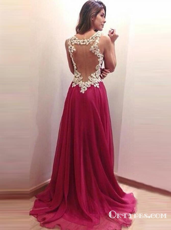 A-Line Straps Long Illusion Back Tulle Prom Dresses with Appliques, TYP1619