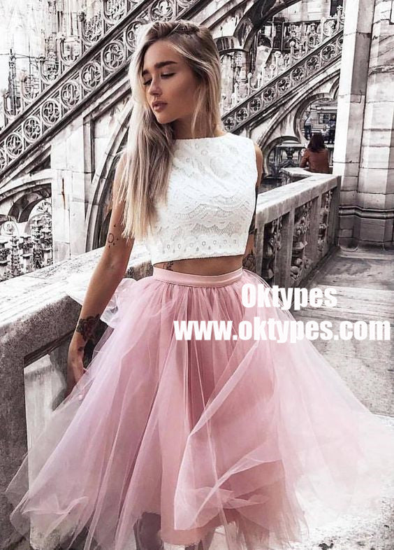 Two Piece Bateau Pink Tulle Homecoming Party Dress with Lace, TYP0963