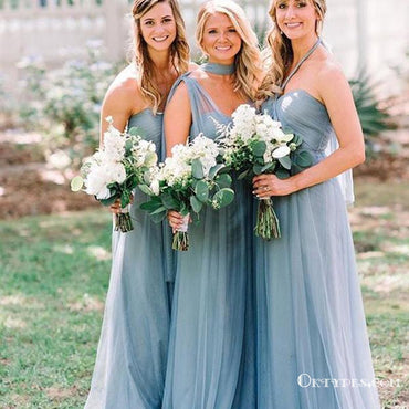 Convertible Long A-line Dusty Blue Tulle Bridesmaid Dresses, TYP1856
