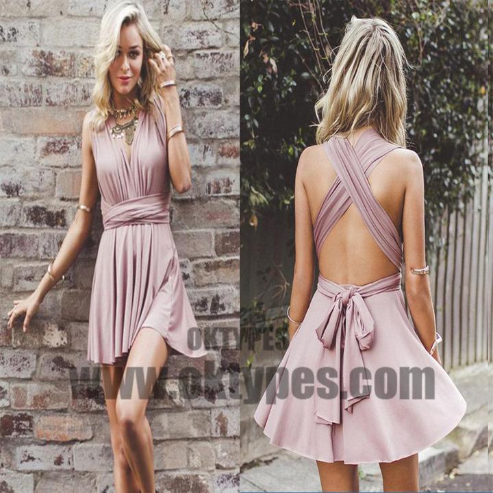 Simple V Neck Dusty Pink Short Homecoming Dresses Under 100, TYP0616