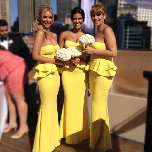 Unique strapless Yellow Long elastic satin Bridesmaid Dresses, TYP1557