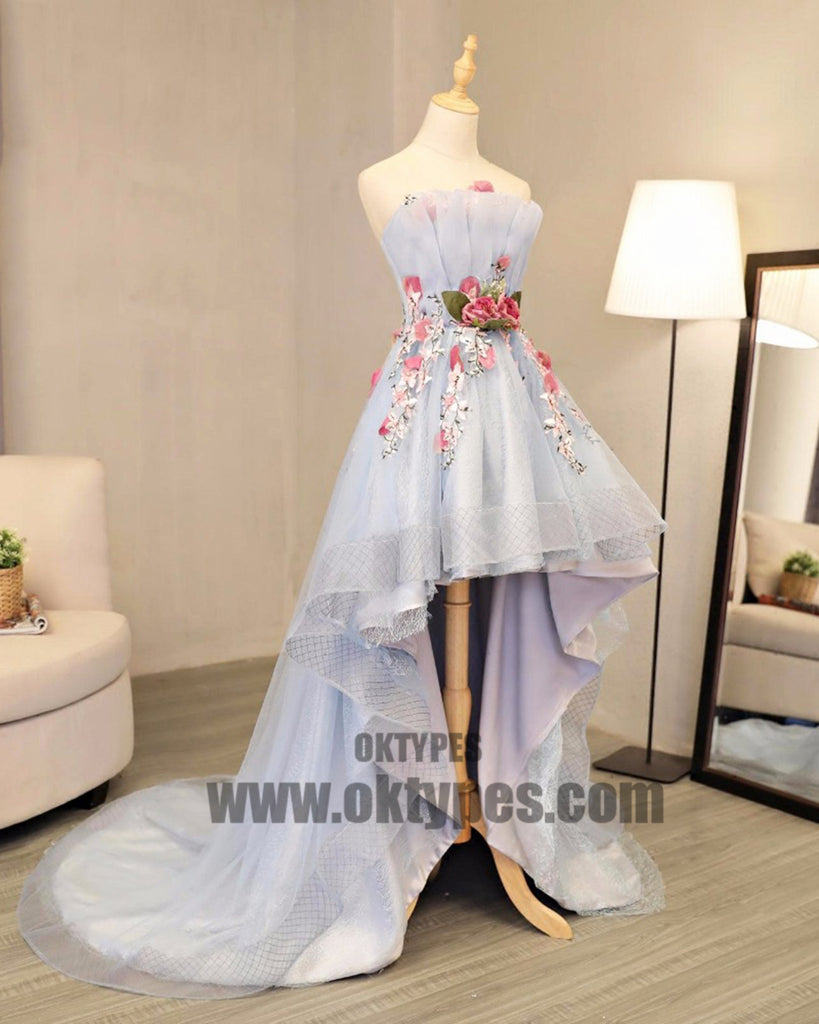 High Low Handmade Flower Tulle Prom Dresses, Sweetheart Backless Prom Dresses, TYP0414