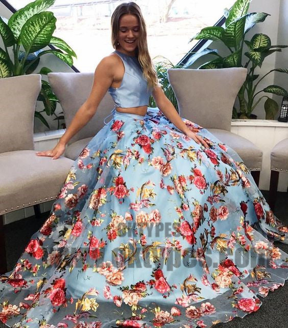 Two Piece Prom Dresses, Round Neck Sweep Train Blue Floral Organza Prom Dresses, TYP0698