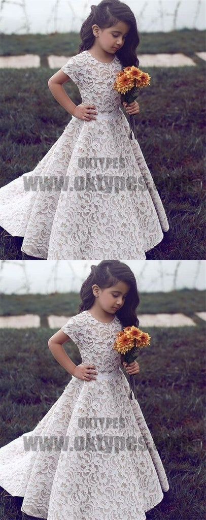 A-Line Round Neck Short Sleeves Sweep Train Ivory Lace Flower Girl Dresses, TYP0719