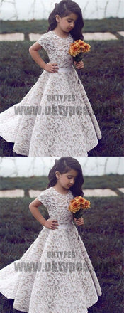 A-Line Round Neck Short Sleeves Sweep Train Ivory Lace Flower Girl Dresses, TYP0719