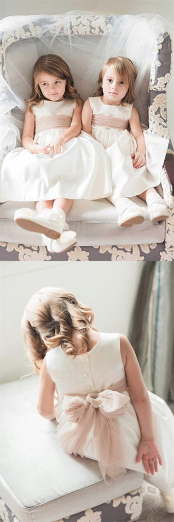 Cute Sleeveless White Cheap Satin Flower Girls Dresses, TYP1050