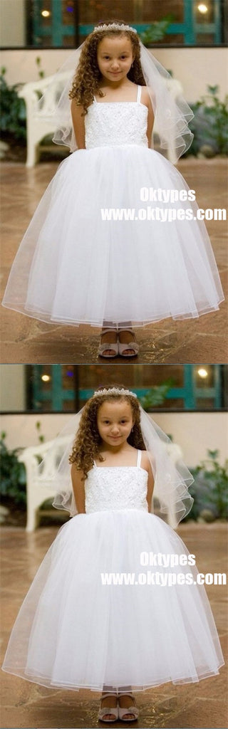 Ball Gown Straps Ankle Length White Flower Girl Dress with Lace, TYP0928
