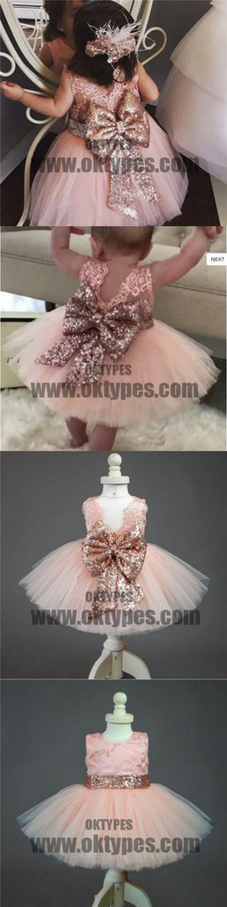 Pink Lace Tulle Bowknot Applique Flower Girl Dresses, Lovely Tutu Dresses, TYP0694