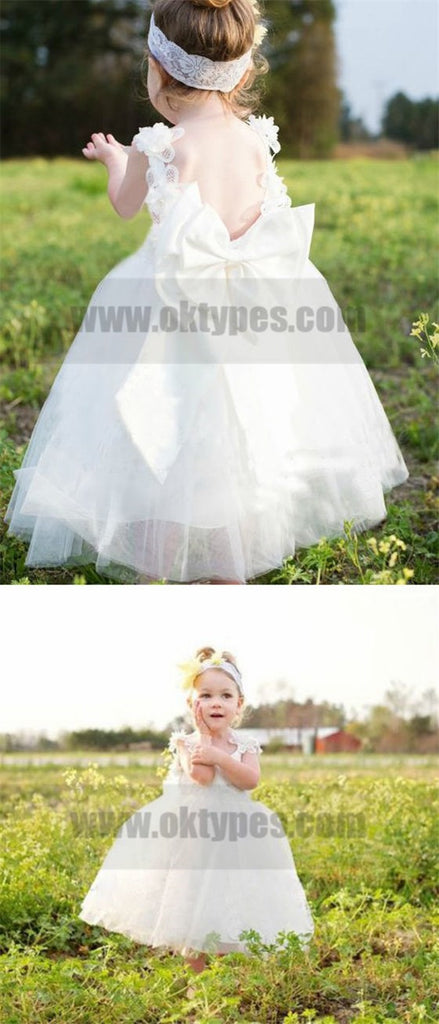 Ball Gown Scoop Backless Tea-Length Tulle Flower Girl Dress with Bowknot Lace, TYP0787