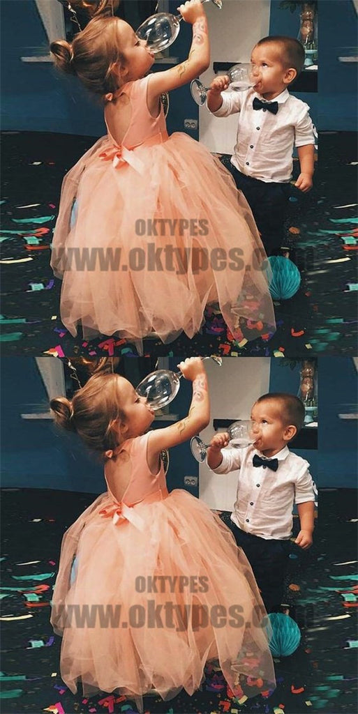 Ball Gown Round Neck Open Back Peach Tulle Flower Girl Dress with Sash, TYP0717