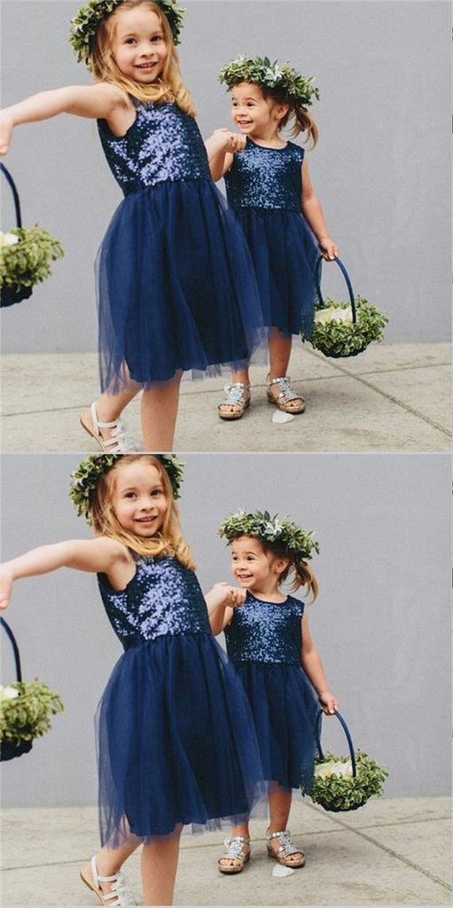 Cute A-Line Round Neck Navy Blue Tulle Flower Girl Dresses with Sequins, TYP1155