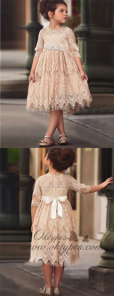 A-Line Round Neck White Lace Flower Girl Dresses with Sash&Beading, TYP1327