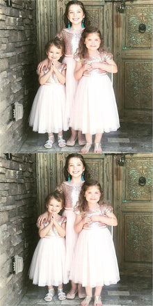 A-Line Rose Gold Round Neck Tea-Length Flower Girl Dress with Sequins, TYP1154
