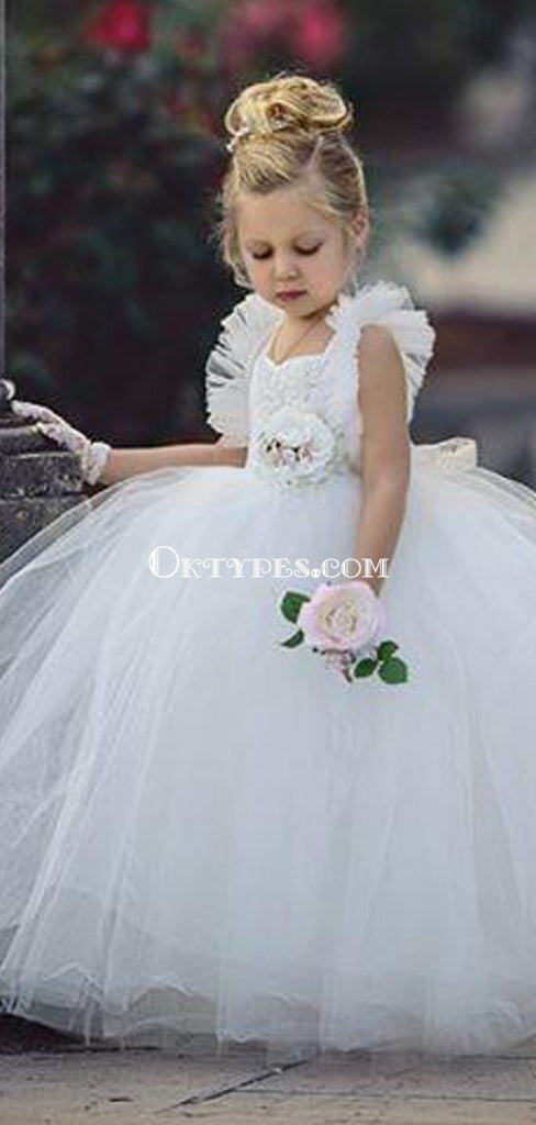 White Tulle Flower Girl Dresses, Beaded Backless Popular Little Girl Dresses, TYP0988