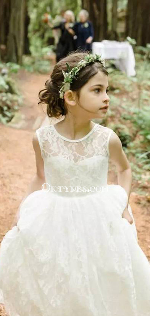 A-Line Jewel Backless Tea-Length White Lace Flower Girl Dresses, TYP0867