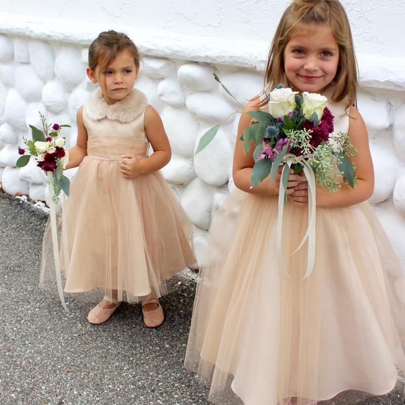 Charming Champagne Tulle Round Neck Ball Gown Long Cheap Flower Girl Dresses, FGS0005