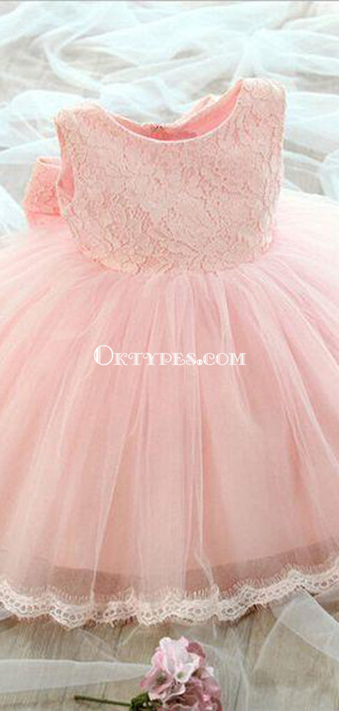 Lovely Pink Scoop Neckline Zipper Up Lace Top Ball Gown For Flower Girl Dresses, TYP1093