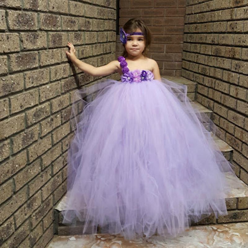 One Shoulder Purple Tulle Hand-Made-Flowers Ball Gown Long Cheap Flower Girl Dresses, FGS0018