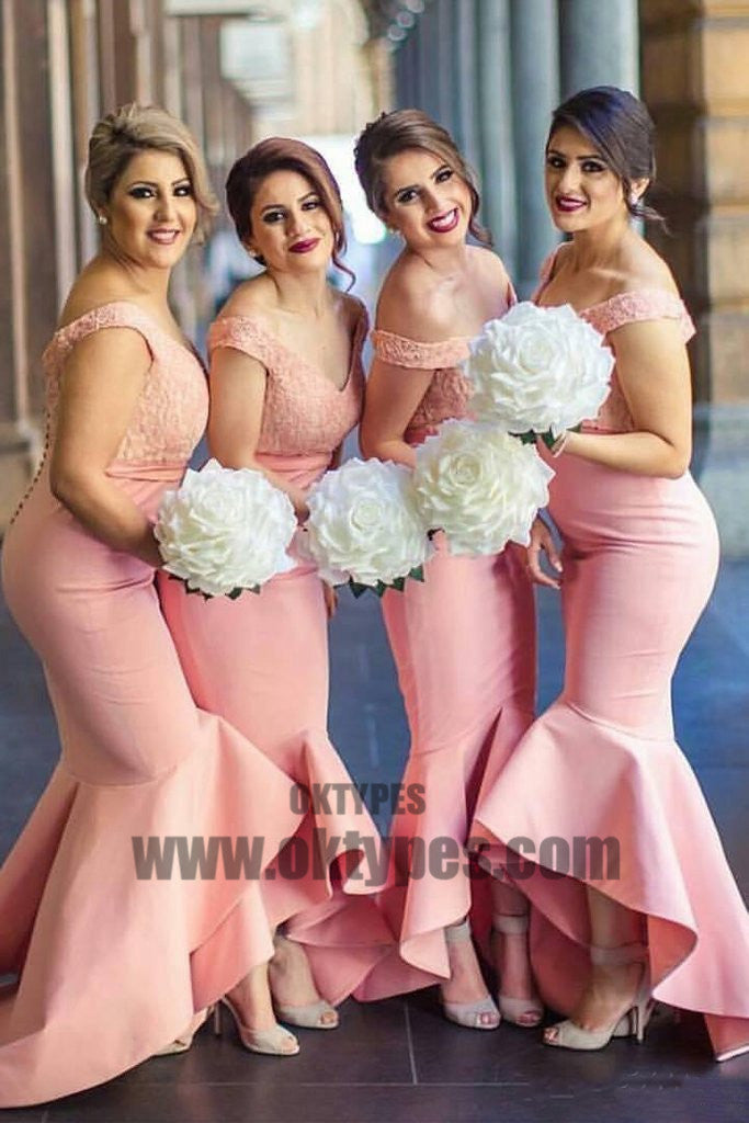 Baby Pink Mermaid Off the Shoulder Hi-Low with Ruffles Sweetheart Lace Top Bridesmaid Dress, TYP0468