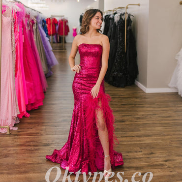 Sexy Sequin Sweetheart Sleeveless Side Slit Mermaid Long Prom Dresses With Feather,PDS0808