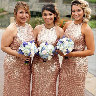 Gold Sequin Mermaid Halter Cheap Long Bridesmaid Dresses Online, TYP0456