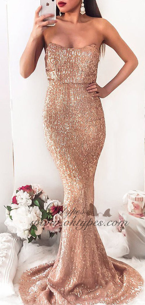 Sparkly Sweetheart Gold Sequin Long Mermaid Prom Dresses, TYP1455