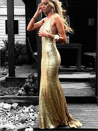 Mermaid V-Neck Backless Gold Sequined Prom Dresses with Appliques, TYP1288