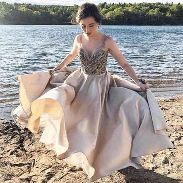 Spaghetti Strap Princess Champagne Long Prom Dresses with Beaded, TYP1718