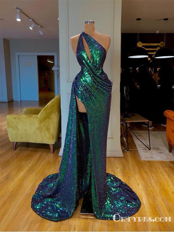 New Arrival Sparkly Sexy One Shoulder A-line Long Sleeves High Slit Long Cheap Sequin Prom Dresses, TYP2055