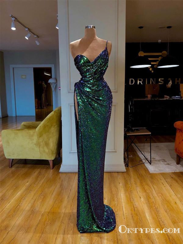 New Arrival Sparkly Sexy A-line One Shoulder Sleeveless High Slit Long Cheap Sequin Prom Dresses, TYP2058