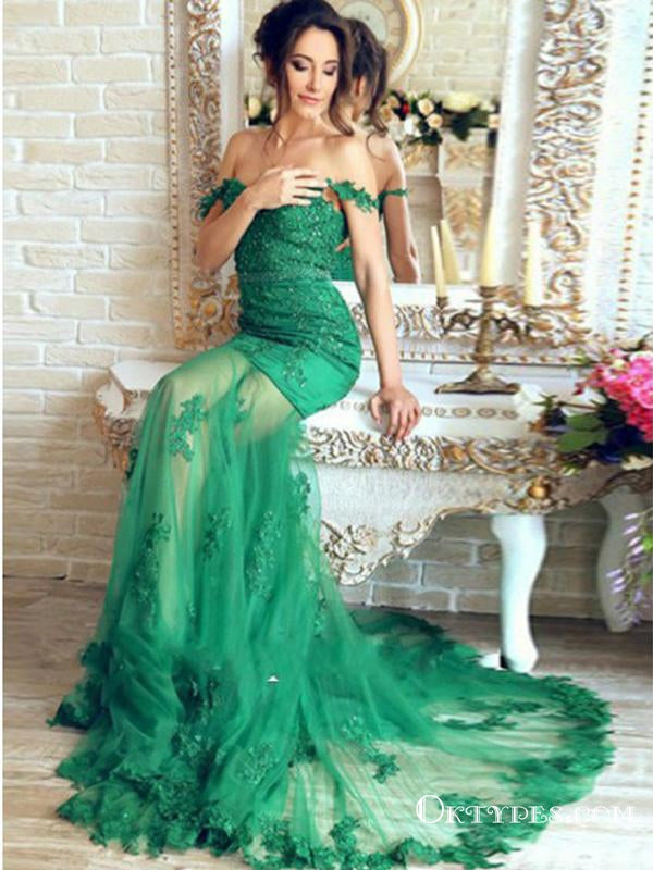 Green Off the Shoulder Mermaid Long Cheap Prom Dresses With Beaded, TYP1786