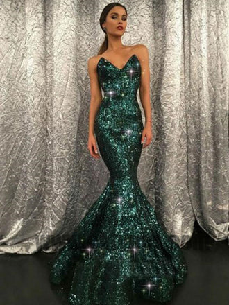Sparkly V Neck Green Sequin Custom Long Evening Prom Dresses, Sexy Sleeveless Prom Dresses, TYP0398