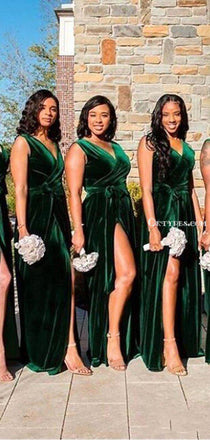 Charming V-neck Green Velvet Side Slit A-line Long Cheap Bridesmaid Dresses, BDS0059