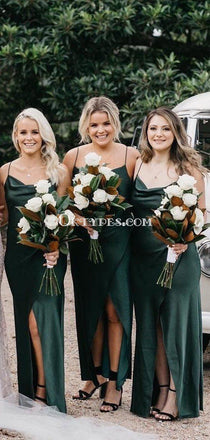 Green Spaghetti Strap Side Slit Mermaid Long Cheap Bridesmaid Dresses, BDS0078
