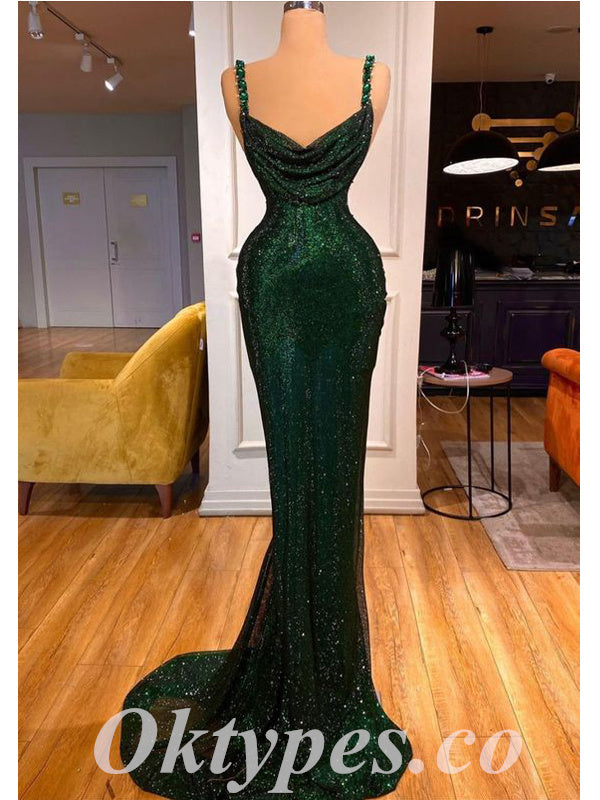 Sexy Simple Sequin Spaghetti Straps Cowl Sleeveless Mermaid Long Prom Dresses,PDS0498