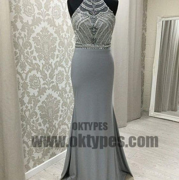 Grey Long Top Beaded Open Back Halter Prom Dresses, Sexy Prom Dresses, TYP0585