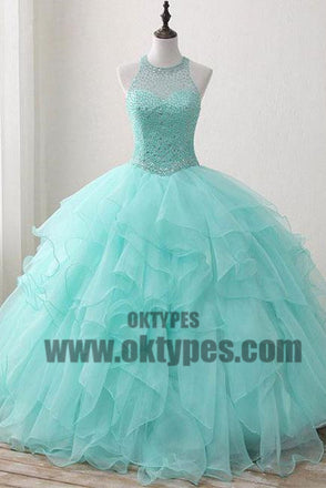 Ball Gown Long Green Sleeveless Open Back Lace up Beads High Neck Prom Dresses, TYP0465