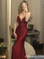 Burgundy Spaghetti Straps V-Neck Lace Back Mermaid Long Prom Evening Dress,PDS0336