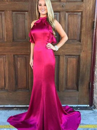Mermaid Jewel Open Back Fuchsia Soft Satin Prom Dresses with Ruffles, TYP1299
