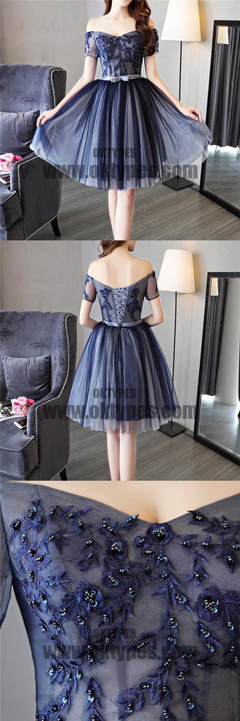 Cheap Off Shoulder Short Sleeve Navy Homecoming Dresses 2018, Homecoming Dresses, TYP0610