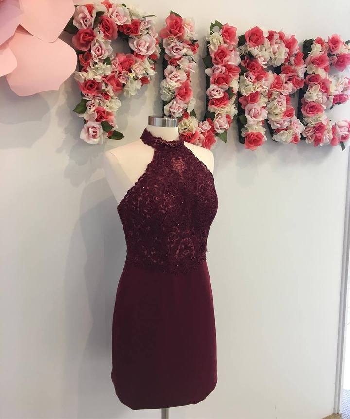 Cheap Halter Maroon Lace Short Homecoming Dresses Online, TYP1107