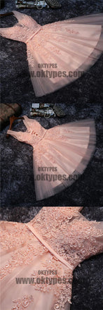 Cheap V Neck Peach Lace Beaded Cute Homecoming Dresses, Homecoming Dresses, TYP0613