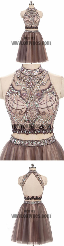 2 Pieces High Neck Rhinestone Beaded Tulle Homecoming Dresses, Short Prom Dresses, TYP0619