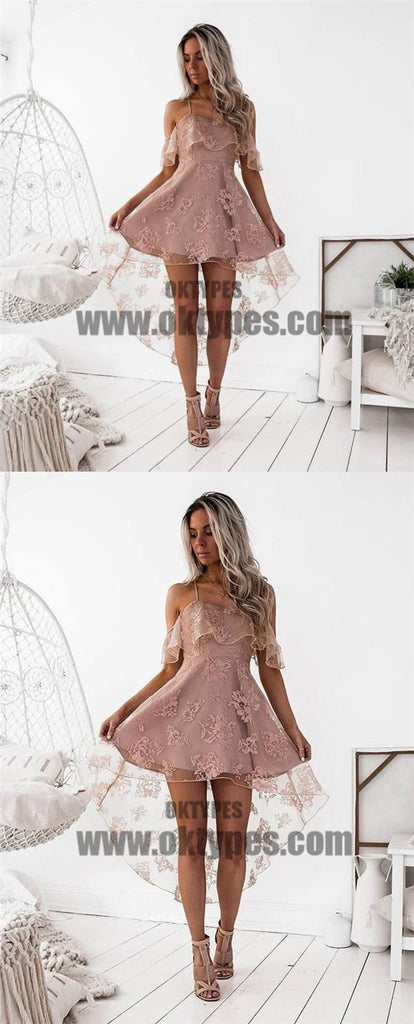 Off Shoulder High Low Dusty Pink Lace Homecoming Dresses 2018, TYP0664
