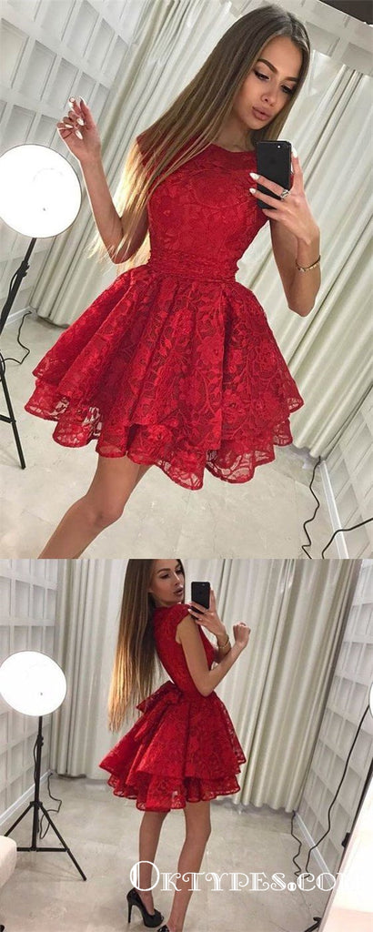 Pretty Round Neck Short Cheap Red Lace Homecoming Party Dresses, TYP1044