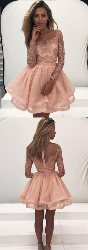 A-Line Bateau Plush Pink Long Sleeve Tulle Homecoming Dresses with Appliques, TYP1081