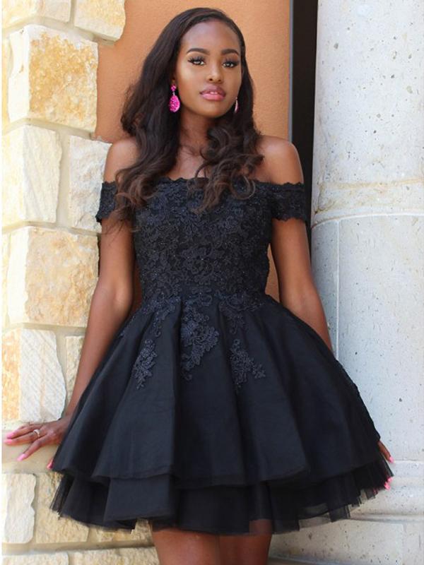 Off-The-Shoulder Black Tulle A-line Cheap Short Homecoming Dresses, HDS0030