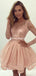 Champagne Lace Long Sleeves Illusion Short Cheap Homecoming Dresses, CM545